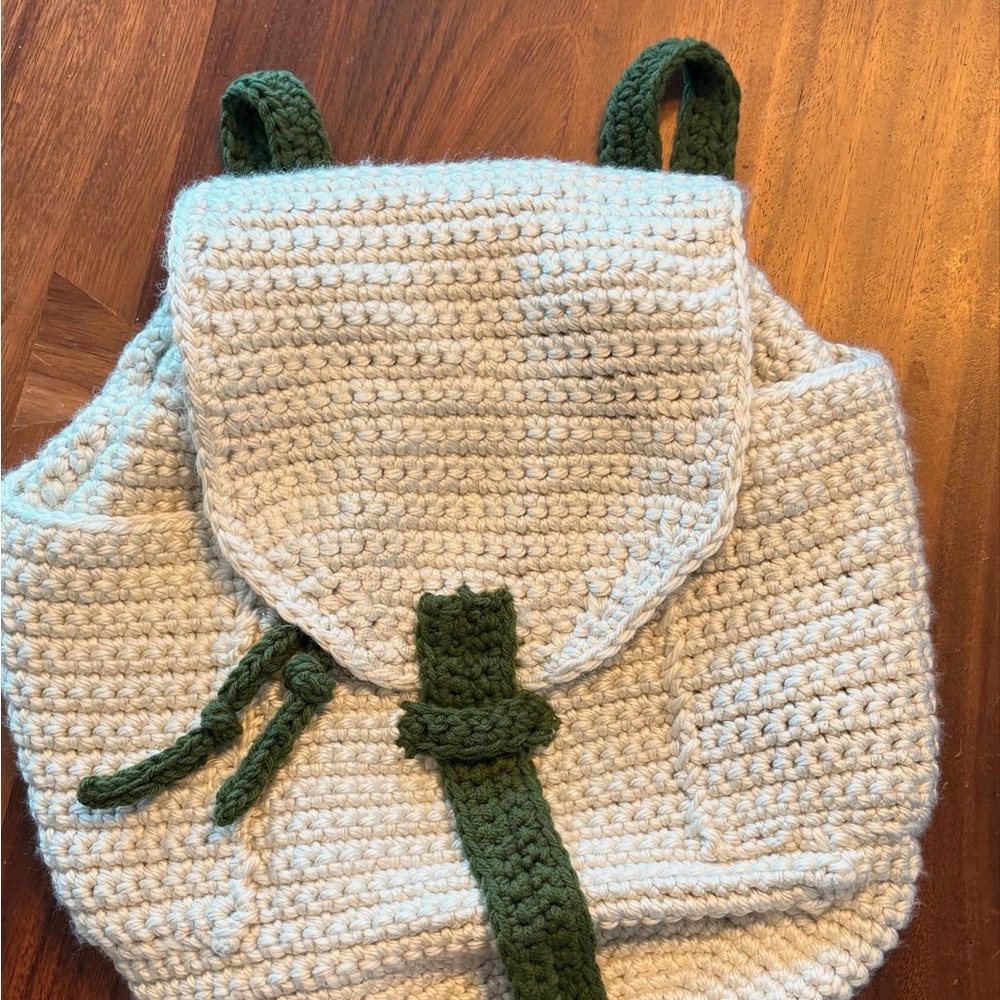 Handmade Crochet Backpack in Cream and Green